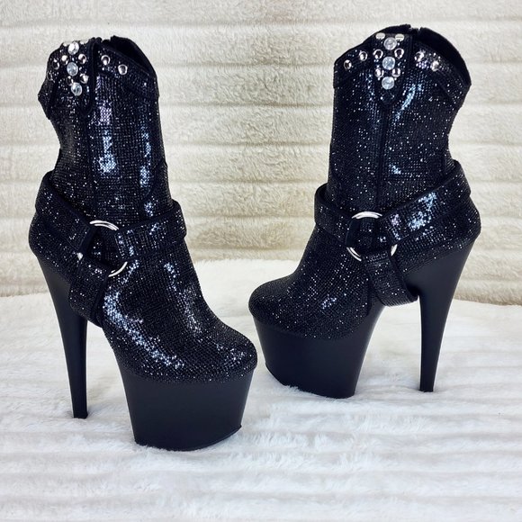 Black Rhinestone High Heel Platform Sexy Western Cowgirl Ankle Boots 1029 - Picture 9 of 10